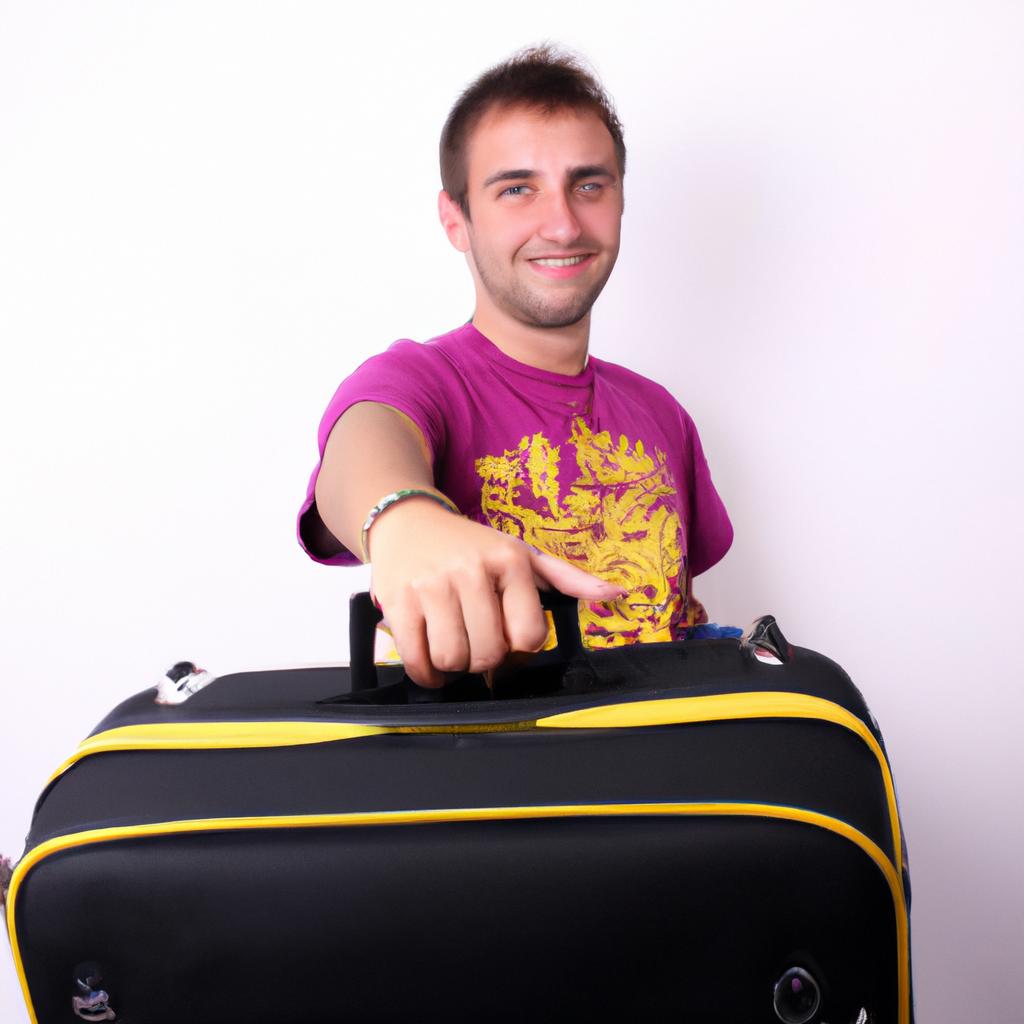 Person holding a suitcase, smiling