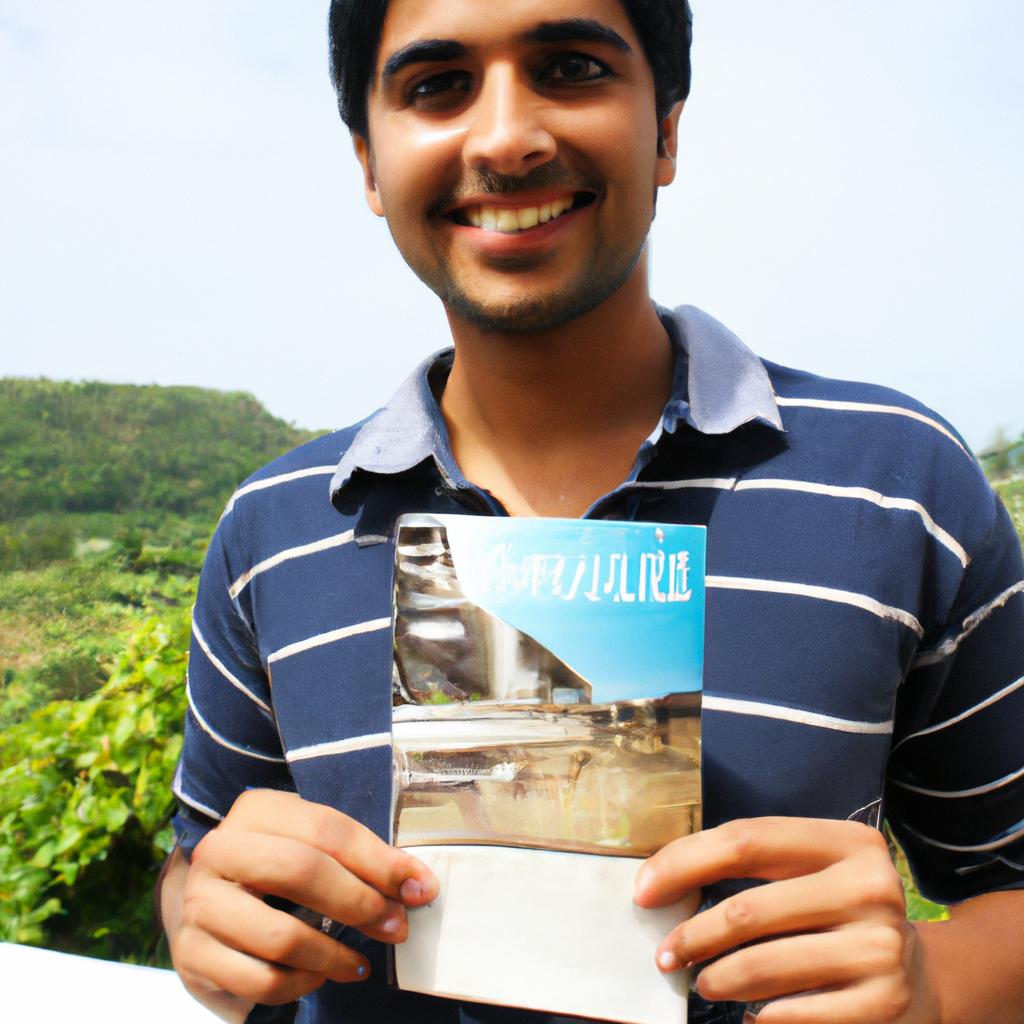 Person holding travel brochure, smiling